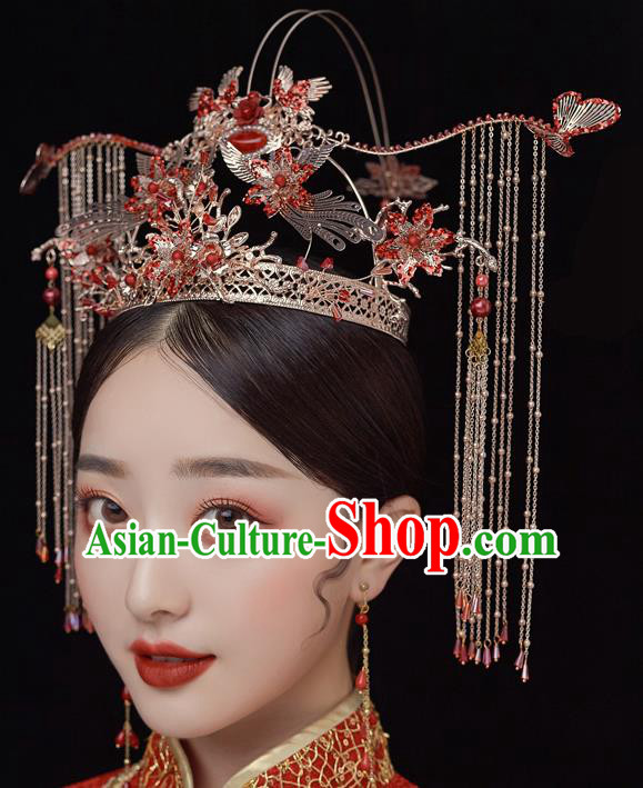 Chinese Ancient Bride Red Crystal Phoenix Coronet Tassel Hairpins Traditional Wedding Xiu He Hair Accessories Complete Set for Women