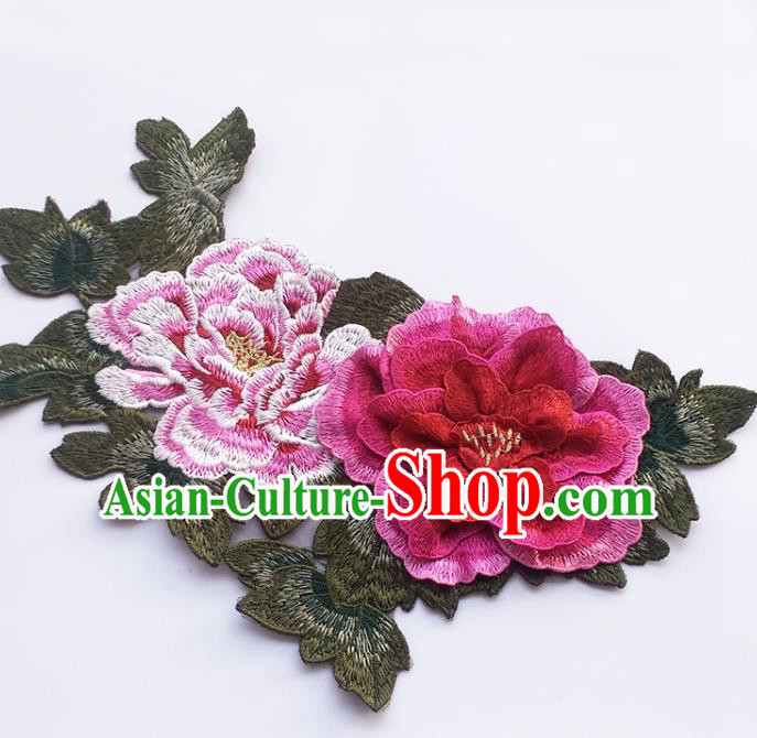 Traditional Chinese Embroidery Rosy Stereo Peony Applique Embroidered Patches Embroidering Cloth Accessories