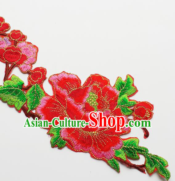 Traditional Chinese National Embroidery Red Peony Applique Embroidered Patches Embroidering Cloth Accessories