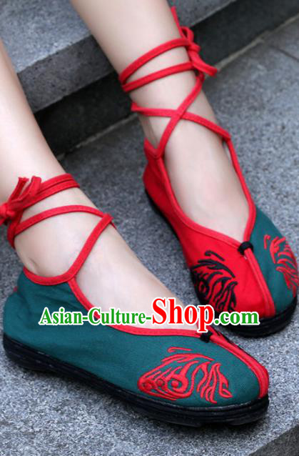 Chinese Handmade Embroidered Butterfly Green Cloth Shoes Traditional Hanfu Shoes National Shoes for Women
