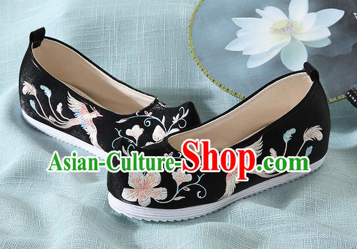 Chinese Handmade Embroidered Flower Bird Black Cloth Shoes Traditional Hanfu Shoes National Shoes for Women