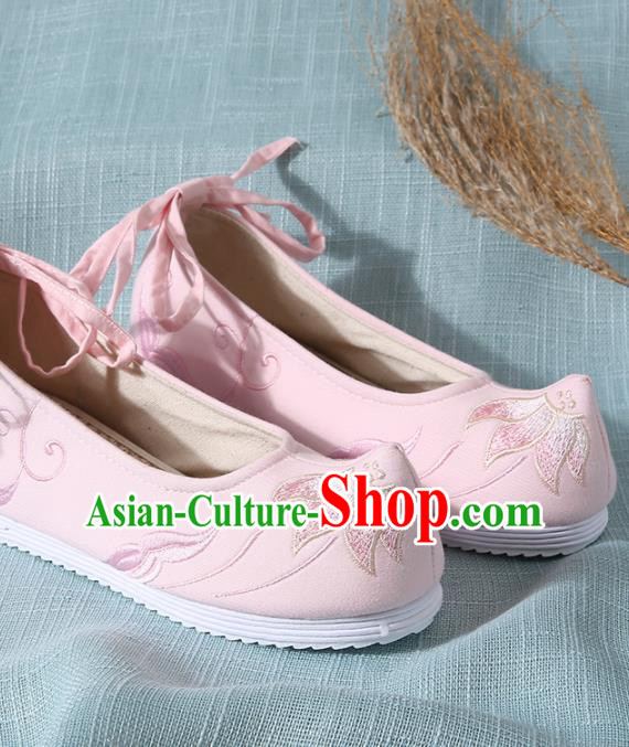 Chinese Handmade Embroidered Lotus Pink Cloth Shoes Traditional Hanfu Shoes National Shoes for Women