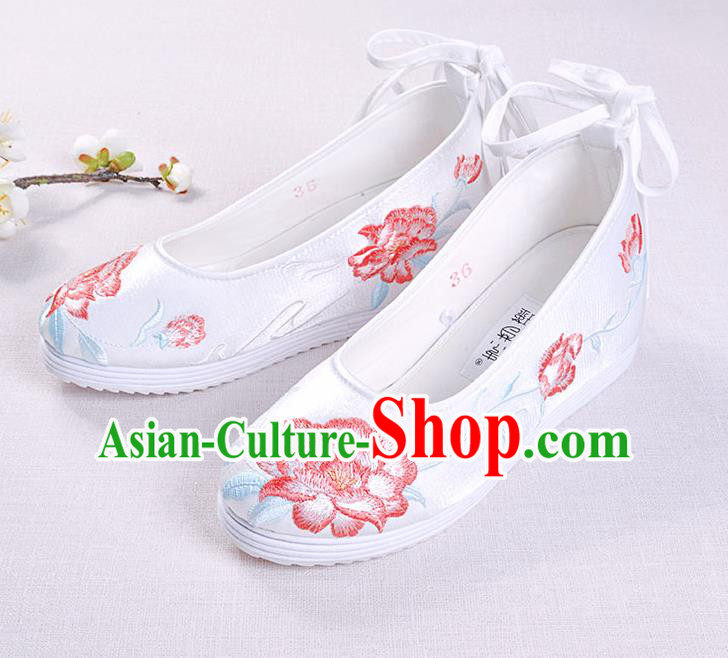 Chinese Handmade Opera Embroidered Peony White Shoes Traditional Hanfu Shoes National Shoes for Women