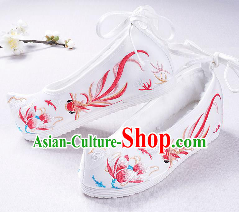 Chinese Handmade Opera Winter Embroidered Goldfish Lotus White Shoes Traditional Hanfu Shoes National Shoes for Women