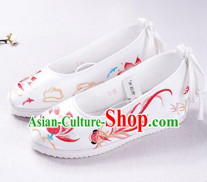 Chinese Handmade Opera Embroidered Lotus Goldfish White Shoes Traditional Hanfu Shoes National Shoes for Women