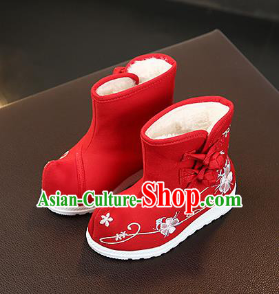 Chinese Handmade Winter Embroidered Red Boots Traditional Hanfu Shoes National Shoes for Kids