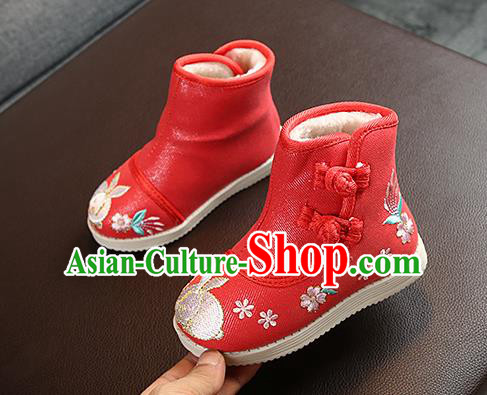 Chinese Handmade Winter Embroidered Red Boots Traditional Hanfu Shoes National Shoes for Kids