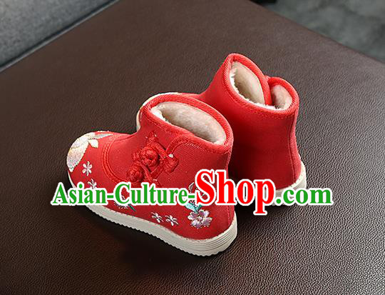 Chinese Handmade Winter Embroidered Red Boots Traditional Hanfu Shoes National Shoes for Kids
