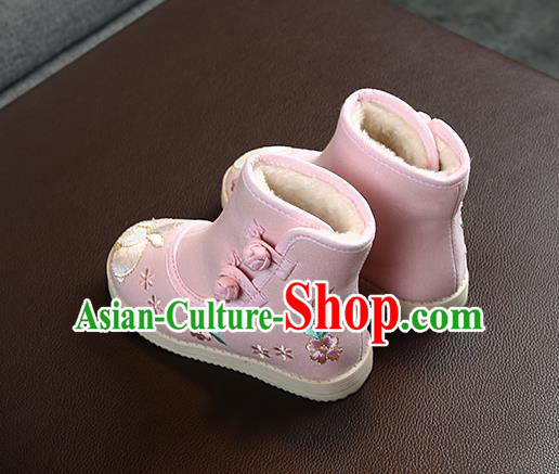 Chinese Handmade Winter Embroidered Pink Boots Traditional Hanfu Shoes National Shoes for Kids
