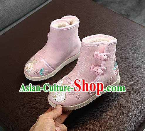 Chinese Handmade Winter Embroidered Pink Boots Traditional Hanfu Shoes National Shoes for Kids