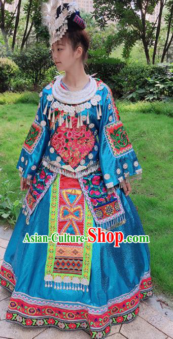 Chinese Traditional Miao Nationality Embroidered Blue Costume Ethnic Folk Dance Dress for Women