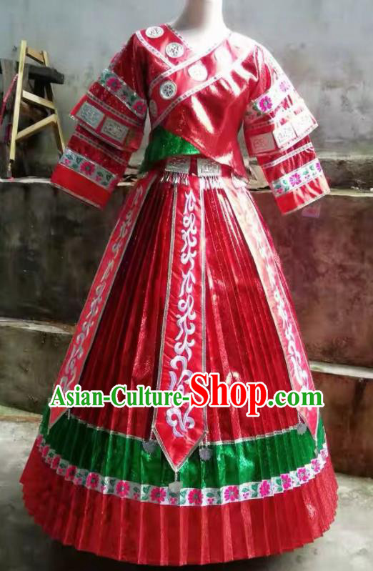 Chinese Traditional Miao Nationality Embroidered Costume Ethnic Folk Dance Red Dress for Women