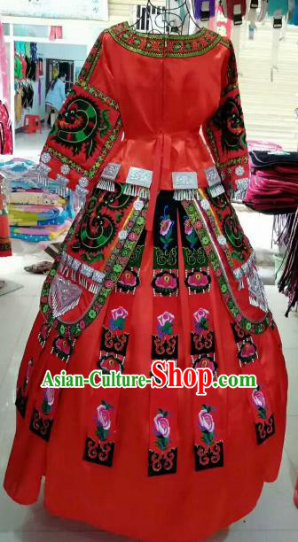 Chinese Traditional Miao Nationality Embroidered Red Dress Ethnic Folk Dance Costume for Women