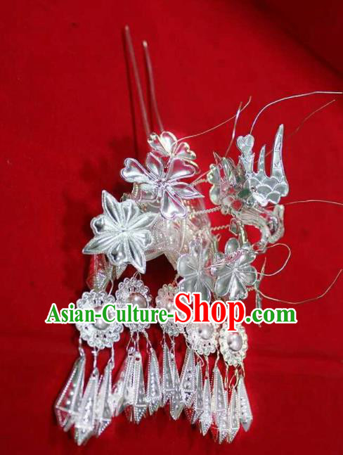 Chinese Traditional Handmade Miao Nationality Silver Bird Tassel Hairpins Ethnic Wedding Hair Accessories for Women