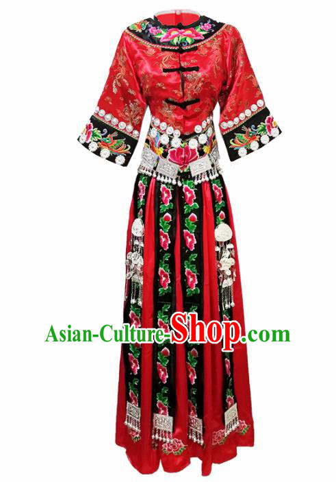 Chinese Traditional Miao Nationality Wedding Red Blouse and Dress Ethnic Folk Dance Costumes and Headpiece for Women