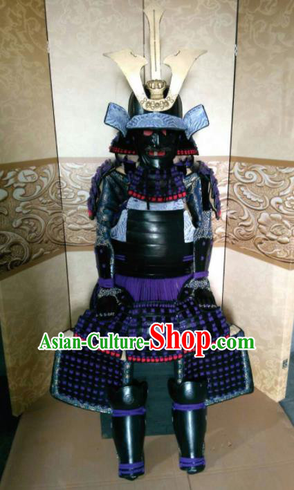 Japanese Handmade Traditional Samurai Purple Tassel Body Armor and Helmet Ancient Warrior Costumes for Men