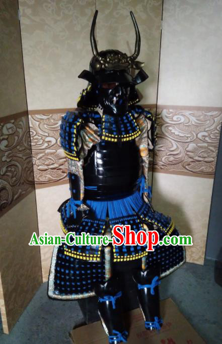 Japanese Handmade Traditional Samurai Blue Tassel Body Armor and Helmet Ancient Warrior Costumes for Men