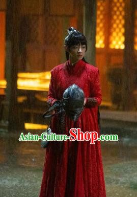 Chinese Ancient Princess Ying Yu Red Dress Drama Novoland Eagle Flag Swordswoman Replica Costumes and Headpiece for Women