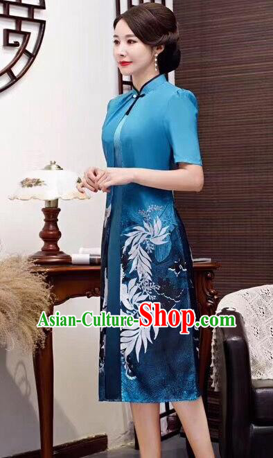 Chinese Traditional Qiapo Dress Bride Mother Blue Cheongsam National Costumes for Women