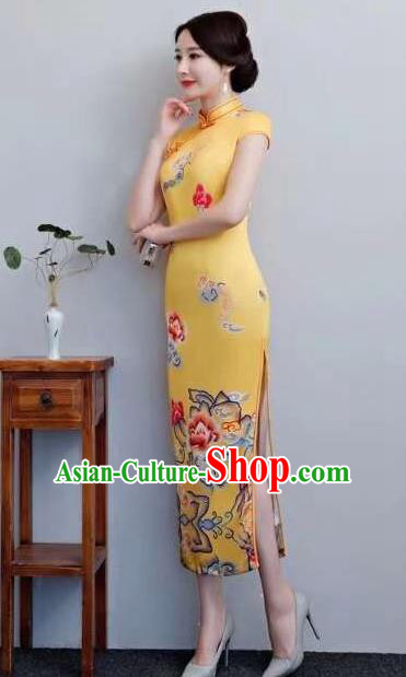 Chinese Traditional Qiapo Dress Printing Peony Yellow Cheongsam National Costume for Women