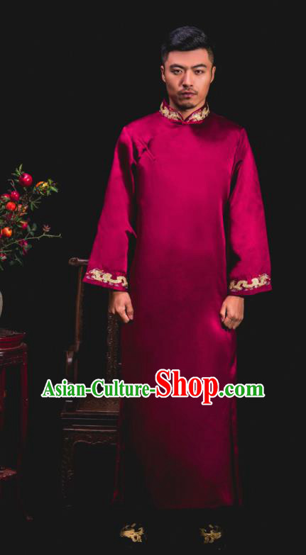 Chinese Traditional Wedding Embroidered Wine Red Gown Ancient Groomsman Tang Suit Costumes for Men