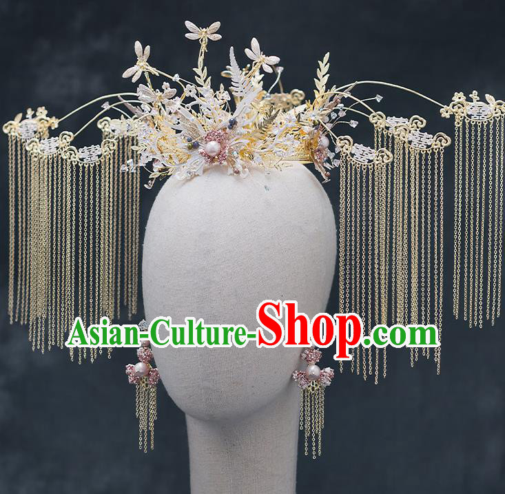 Chinese Traditional Bride Dragonfly Phoenix Coronet Handmade Hairpins Wedding Hair Accessories Complete Set for Women