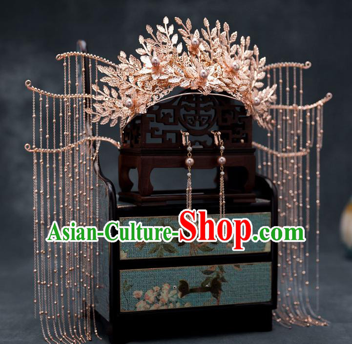 Chinese Traditional Bride Tassel Hair Crown Handmade Hairpins Wedding Hair Accessories Complete Set for Women