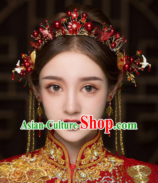 Chinese Traditional Red Flower Hair Clasp Bride Handmade Hairpins Wedding Hair Accessories Complete Set for Women