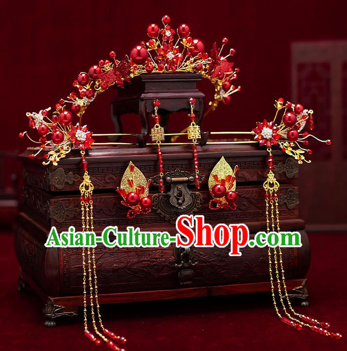Chinese Traditional Red Flower Hair Clasp Bride Handmade Hairpins Wedding Hair Accessories Complete Set for Women
