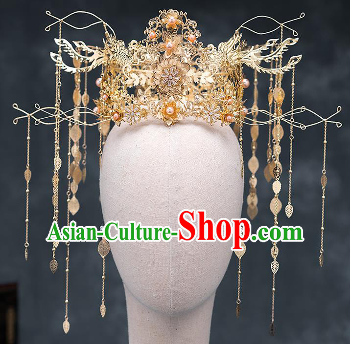 Chinese Traditional Golden Phoenix Coronet Bride Handmade Tassel Hairpins Wedding Hair Accessories Complete Set for Women