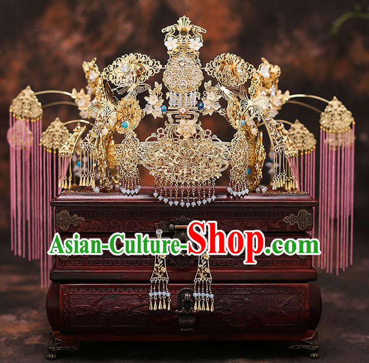 Chinese Traditional Phoenix Coronet Bride Handmade Tassel Hairpins Wedding Hair Accessories Complete Set for Women