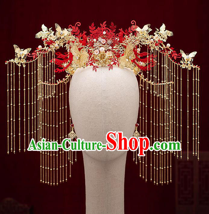 Chinese Traditional Tassel Phoenix Coronet Bride Handmade Hairpins Wedding Hair Accessories Complete Set for Women