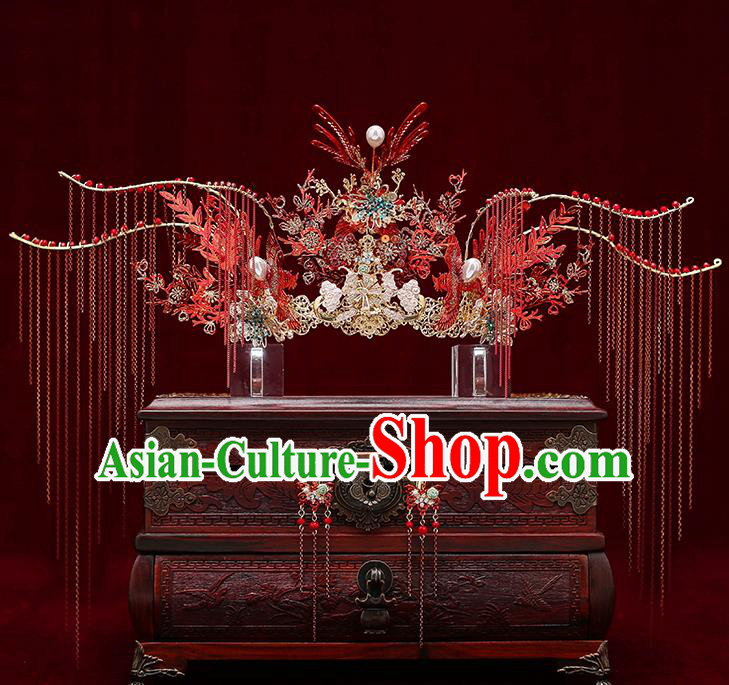 Chinese Traditional Red Tassel Phoenix Coronet Bride Handmade Hairpins Wedding Hair Accessories Complete Set for Women