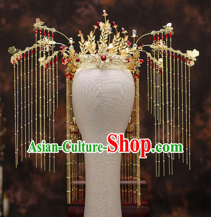 Chinese Traditional Golden Tassel Phoenix Coronet Bride Handmade Hairpins Wedding Hair Accessories Complete Set for Women