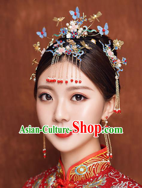 Chinese Traditional Bride Butterfly Tassel Hair Clasp Handmade Hairpins Wedding Hair Accessories Complete Set for Women