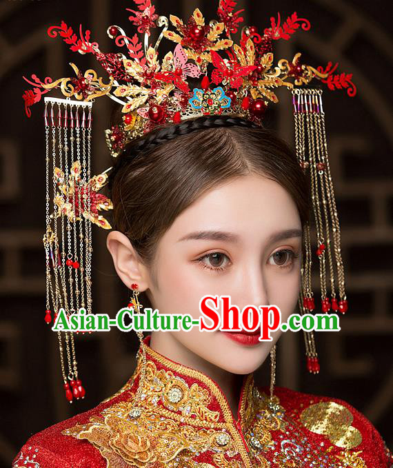 Chinese Traditional Red Butterfly Phoenix Coronet Bride Handmade Hairpins Wedding Hair Accessories Complete Set for Women