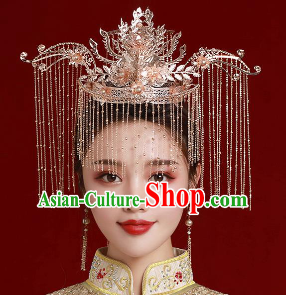 Top Chinese Traditional Wedding Golden Hair Crown Bride Handmade Tassel Hairpins Hair Accessories Complete Set