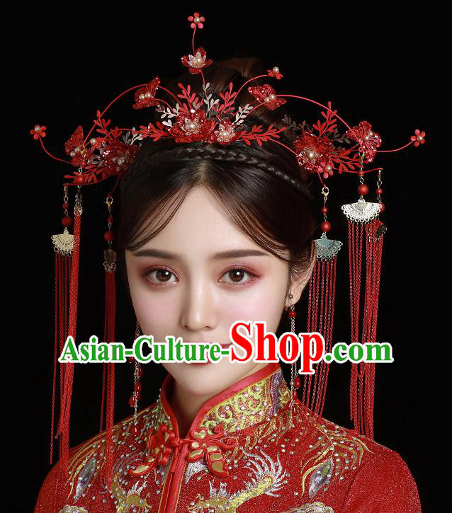 Top Chinese Traditional Wedding Red Leaf Hair Clasp Bride Handmade Tassel Hairpins Hair Accessories Complete Set