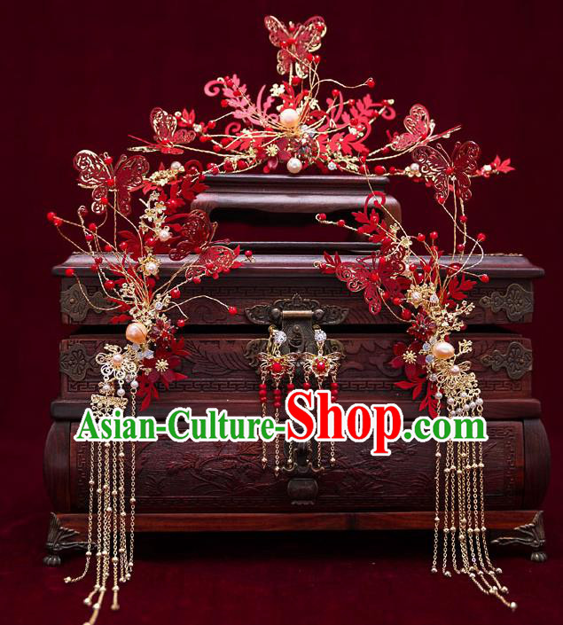 Top Chinese Traditional Wedding Red Butterfly Hair Clasp Bride Handmade Tassel Hairpins Hair Accessories Complete Set