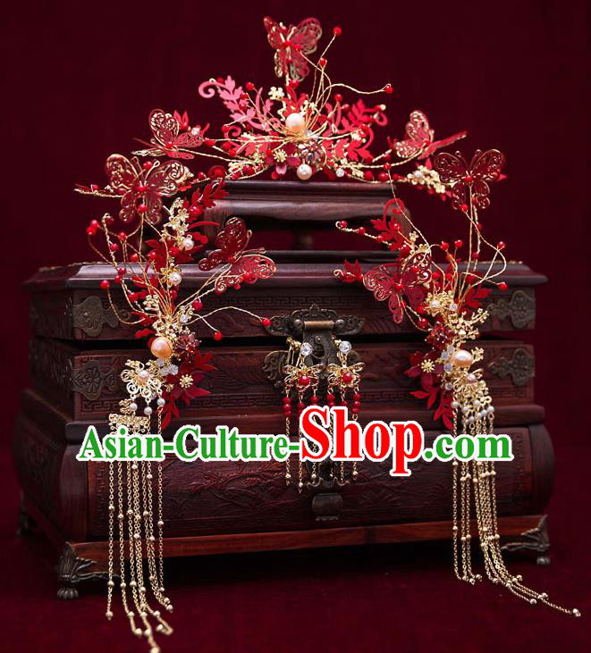 Top Chinese Traditional Wedding Red Butterfly Hair Clasp Bride Handmade Tassel Hairpins Hair Accessories Complete Set
