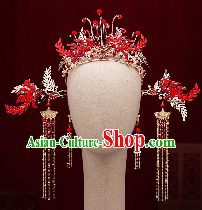 Top Chinese Traditional Wedding Red Phoenix Hair Crown Bride Handmade Tassel Hairpins Hair Accessories Complete Set