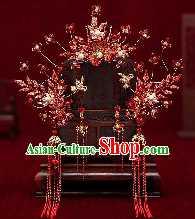 Top Chinese Traditional Wedding Red Flowers Hair Comb Bride Handmade Tassel Hairpins Hair Accessories Complete Set