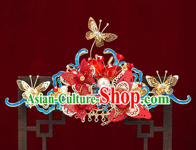 Top Chinese Traditional Wedding Cloisonne Hair Combs Bride Handmade Tassel Hairpins Hair Accessories Complete Set