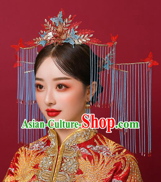 Top Chinese Traditional Wedding Blue Tassel Phoenix Coronet Bride Handmade Hairpins Hair Accessories Complete Set