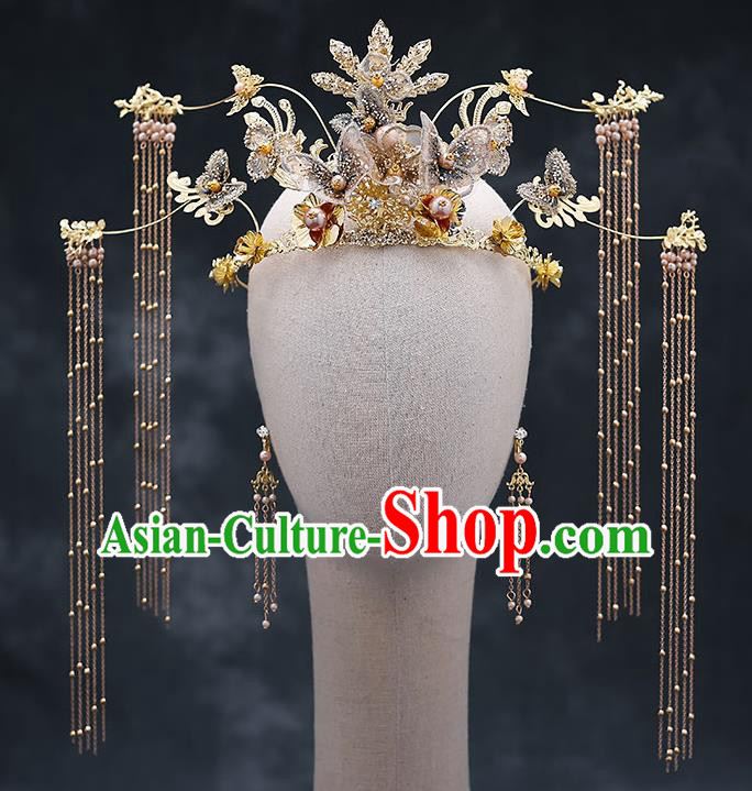 Top Chinese Traditional Wedding Phoenix Tassel Hair Crown Bride Handmade Hairpins Hair Accessories Complete Set