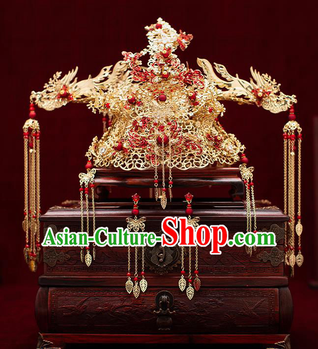 Top Chinese Traditional Wedding Phoenix Hair Crown Bride Handmade Hairpins Hair Accessories Complete Set