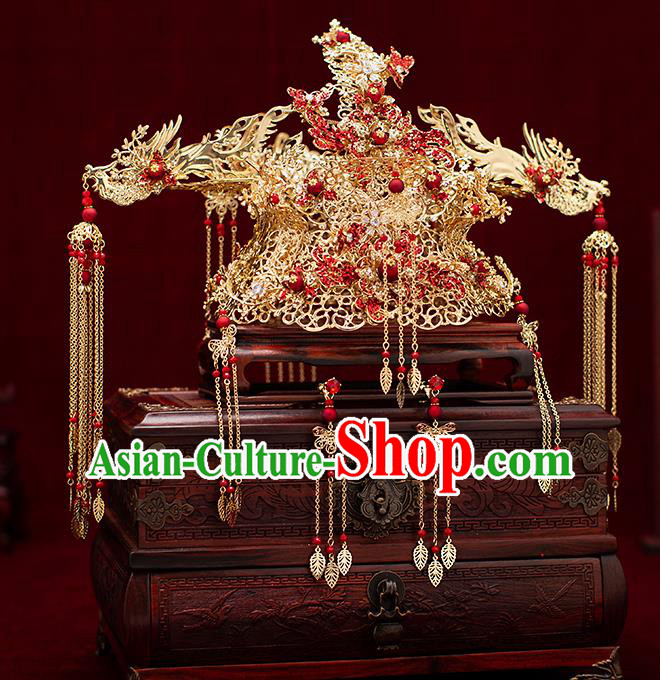 Top Chinese Traditional Wedding Phoenix Hair Crown Bride Handmade Hairpins Hair Accessories Complete Set