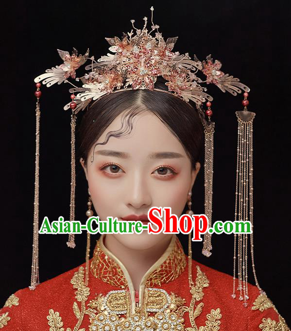 Top Chinese Traditional Wedding Golden Phoenix Tassel Hair Crown Bride Handmade Hairpins Hair Accessories Complete Set