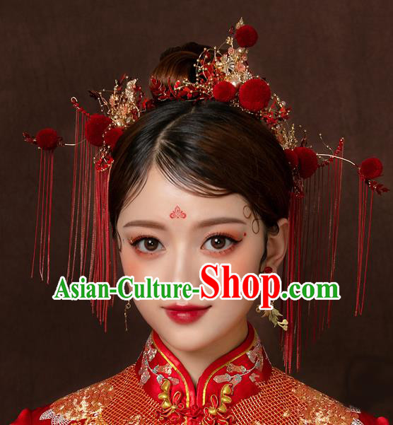 Top Chinese Traditional Wedding Hair Comb Bride Handmade Red Tassel Hairpins Hair Accessories Complete Set