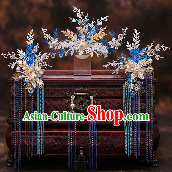 Top Chinese Traditional Wedding Blue Leaf Tassel Hair Comb Bride Handmade Hairpins Hair Accessories Complete Set